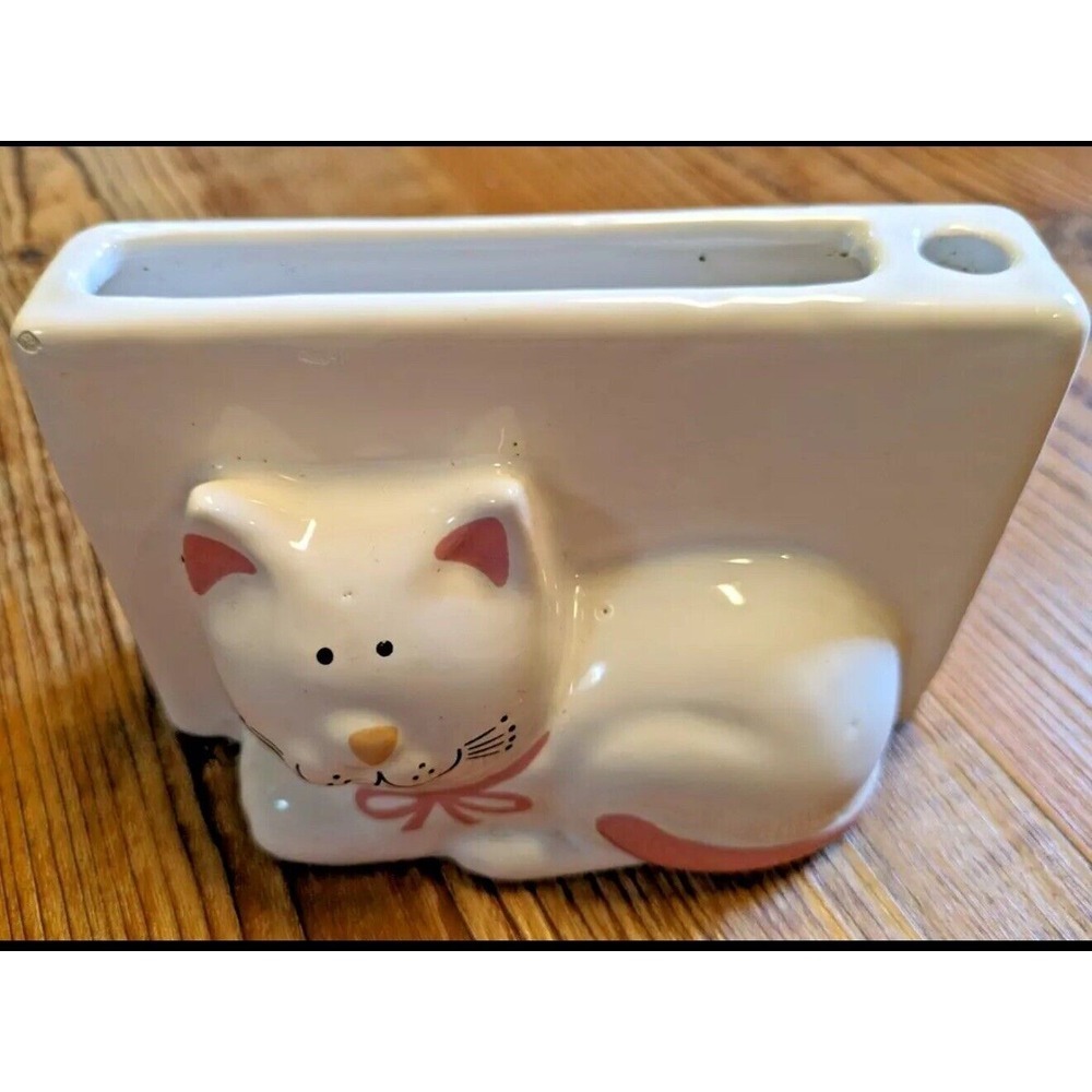 Vintage Ceramic Cat Desk Organizer Letter Holder Pen Stand Made in Brazil Pink